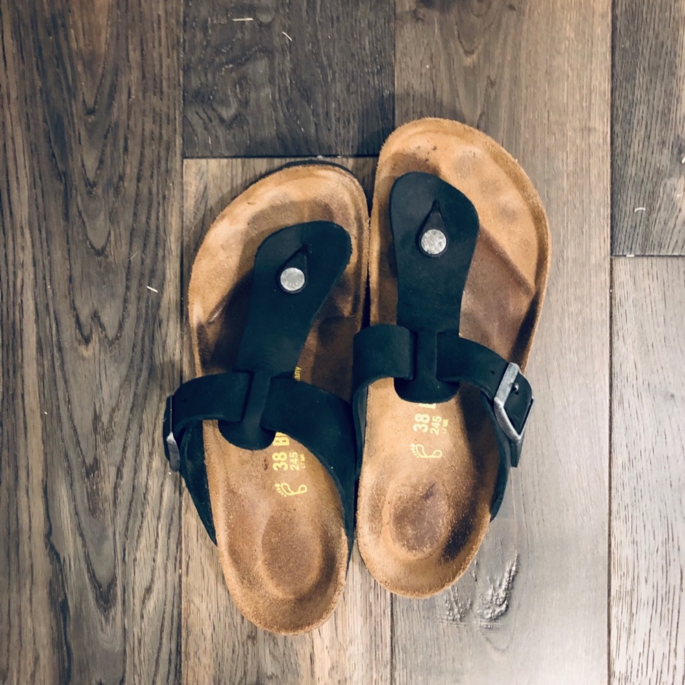 Birkenstock Black Leather Toe-Post Sandals with Brown Footbed